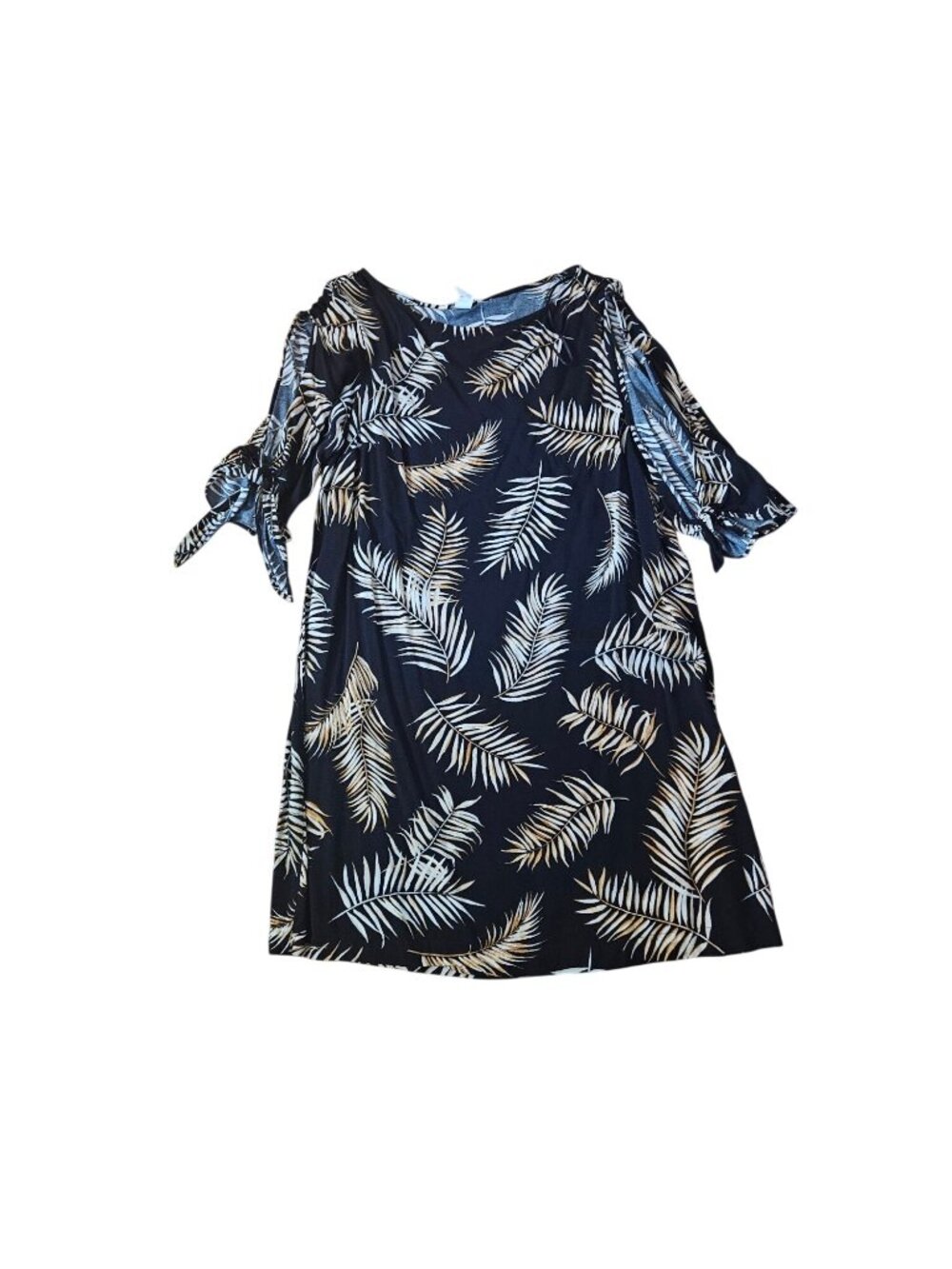 H&M Black Palm Leaf Print Cold Shoulder Dress With Tie Sleeves Womens Size 8